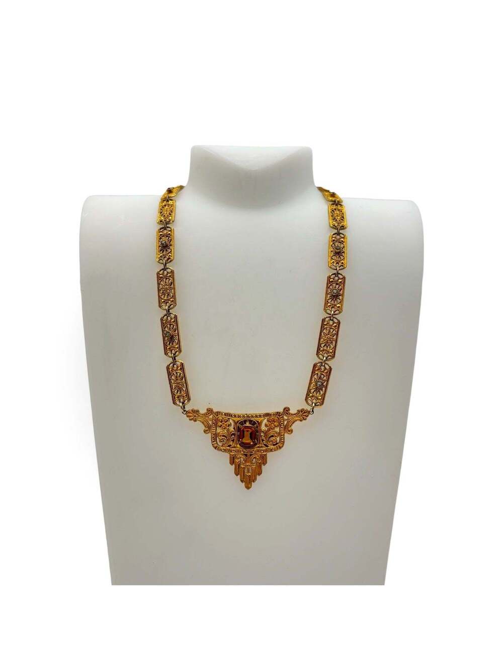 Birks Art Deco Filigree Statement Necklace Amber Crystal